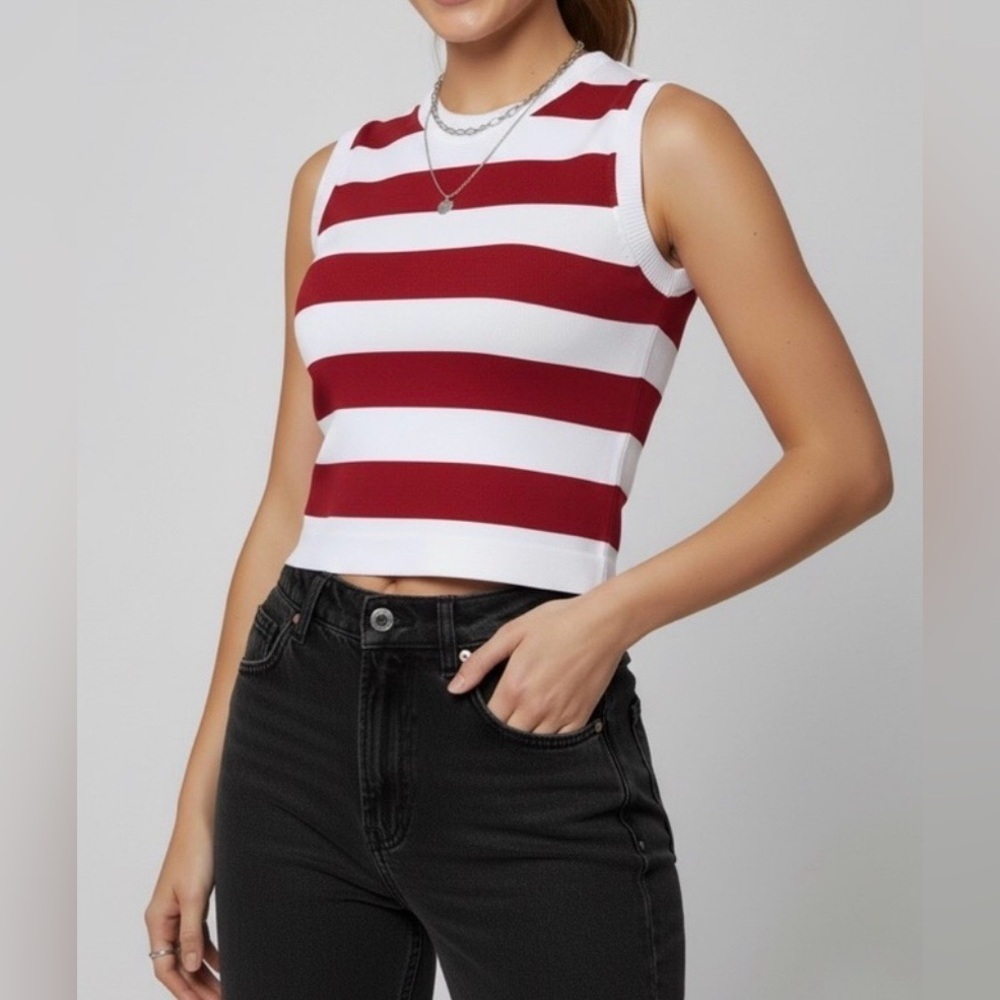 Eye Candy NWT Striped Knit Tank Top Red White Sleeveless Crop Size L/XL